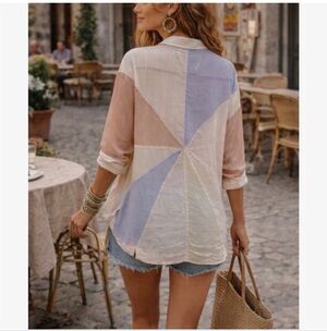 Free People Rainbow Rays Patchwork Pastel Button Up Shirt Blouse Size Medium